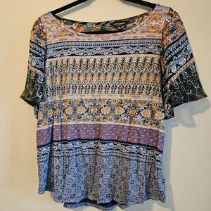 Lucky Brand Boho Blouse Large, Floral , lotus, casual sheer sleeves